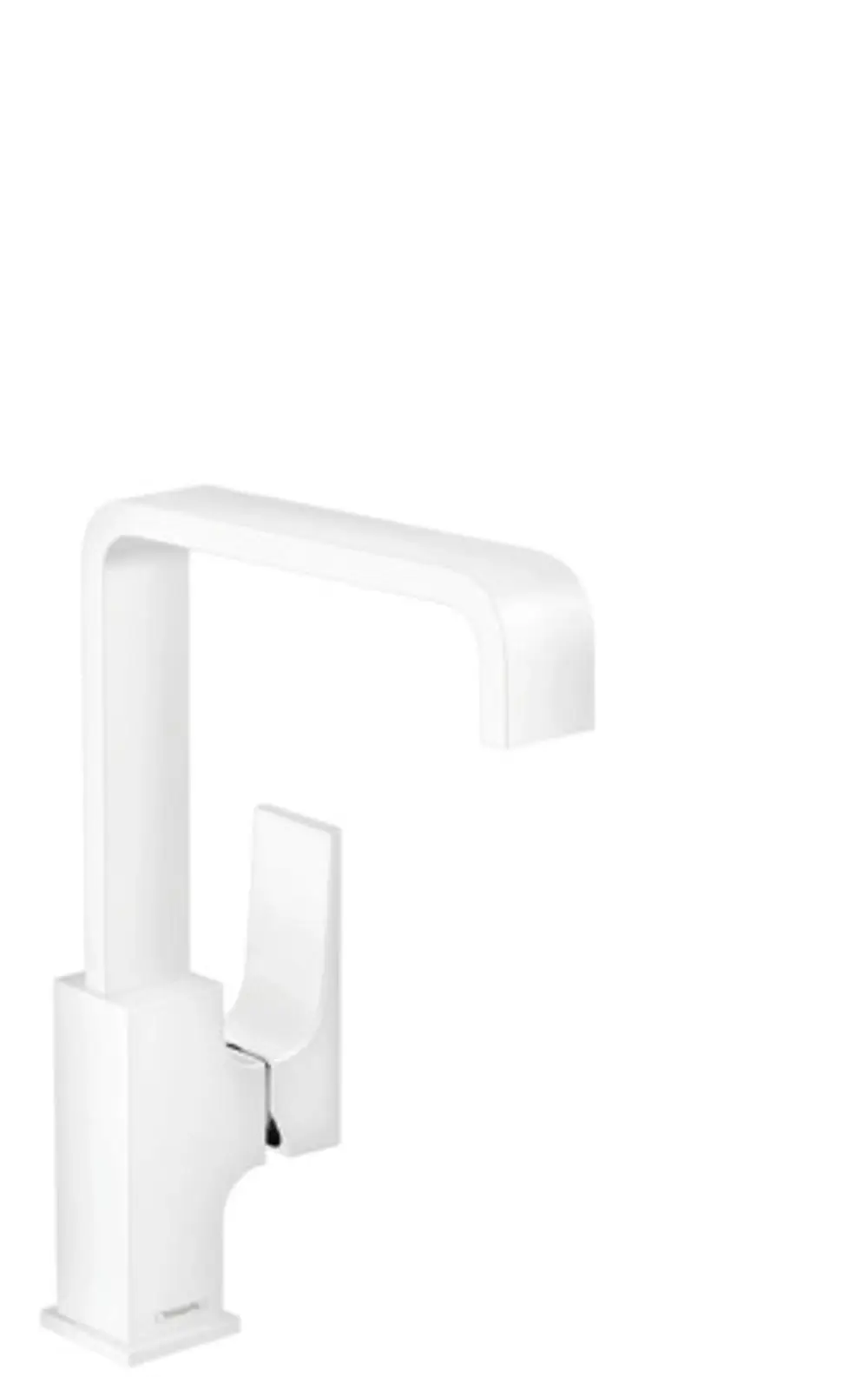 Weiße Armatur mit einem langen, gebogenen Auslauf und einem seitlichen Hebelgriff von Hansgrohe. Geeignet für Waschtische.